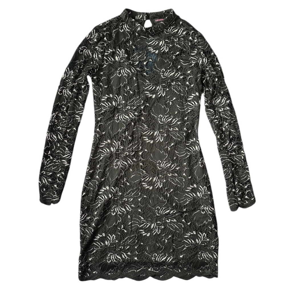 Material Girl Black Mesh Long Sleeve Bodycon Dress – Lined Party Dress (M)